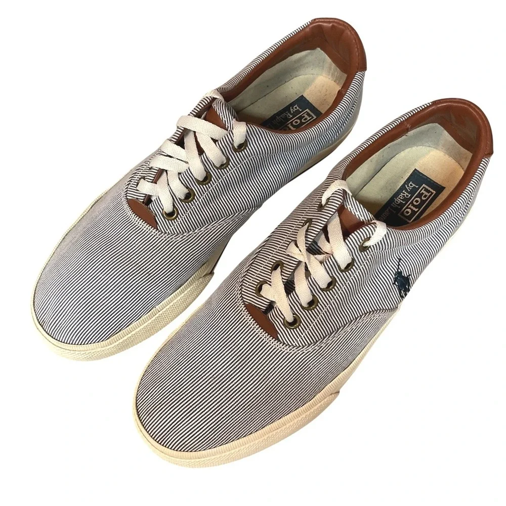 Polo Ralph Lauren Vaughn Pinstripes Blue White Boat Shoes‎ Sneakers Size 9D